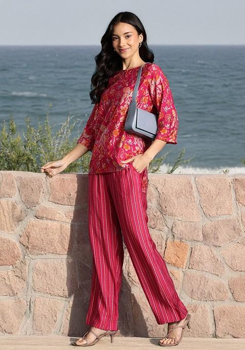 Pink Floral Printed Top With Trouser