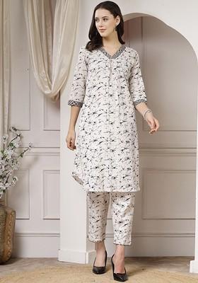 Black Printed Vneck Threequarter Sleeves Pure Cotton Top And Trouser