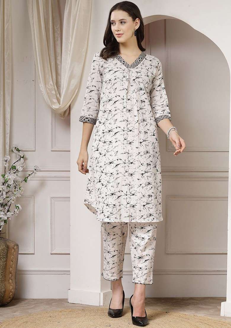 Black Printed Vneck Threequarter Sleeves Pure Cotton Top And Trouser - Indya