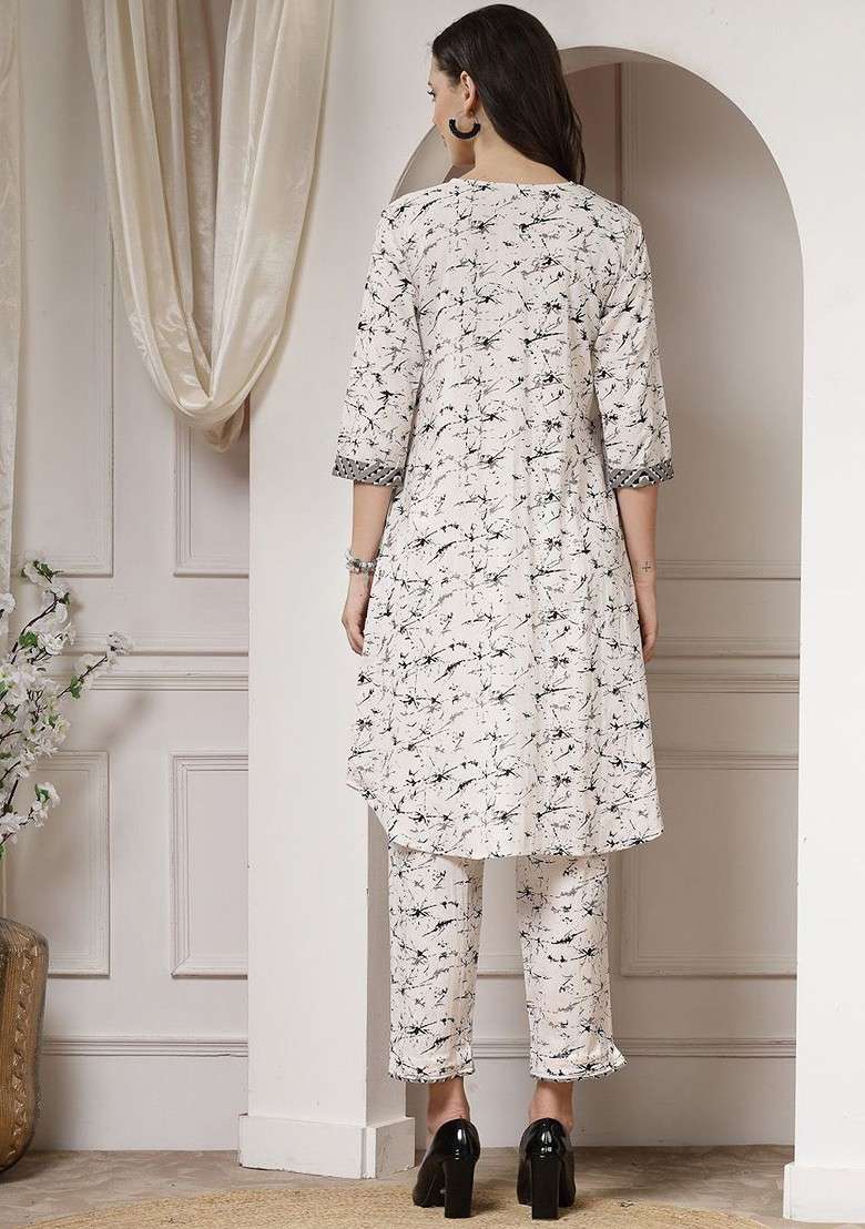 Black Printed Vneck Threequarter Sleeves Pure Cotton Top And Trouser - Indya