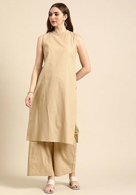 Beige Women Solid Round Neck Pure Cotton Kurta