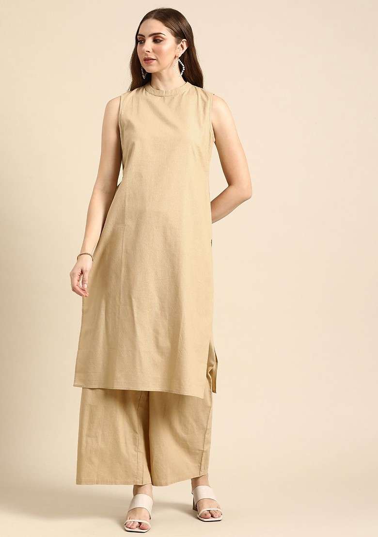 Beige Women Solid Round Neck Pure Cotton Kurta - Indya