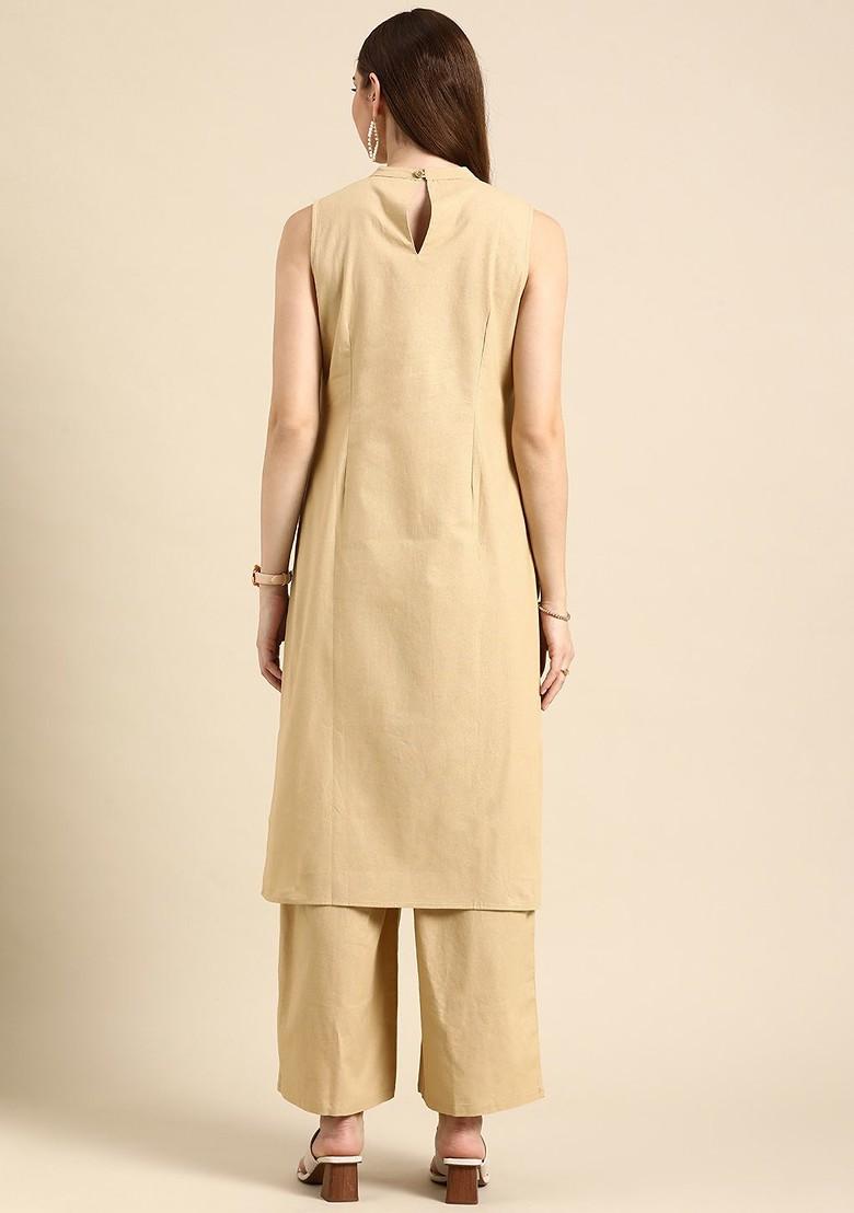 Beige Women Solid Round Neck Pure Cotton Kurta