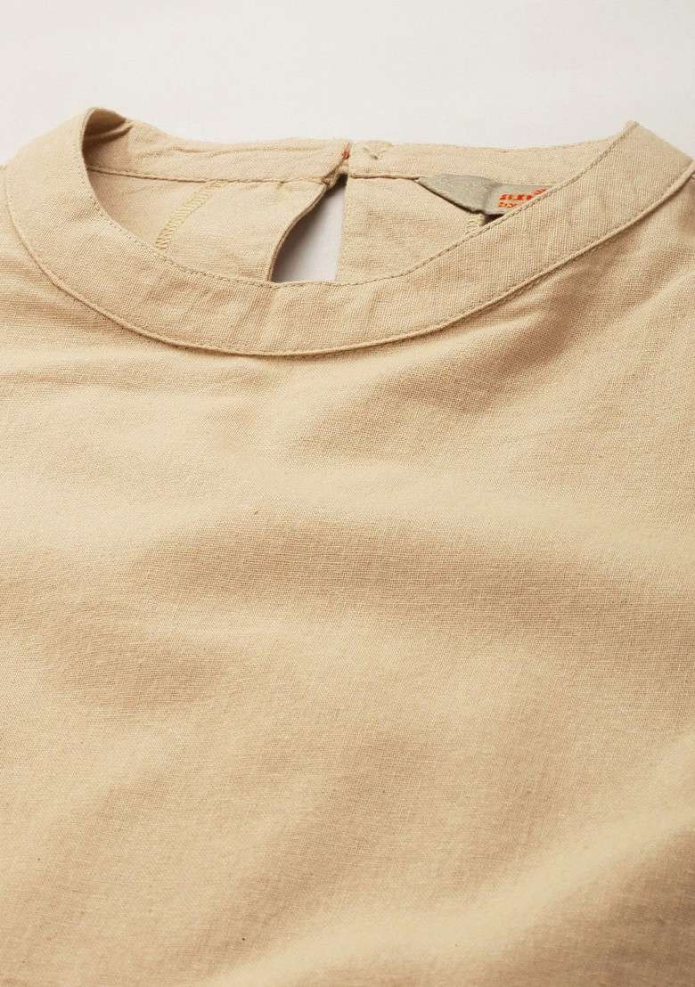 Beige Women Solid Round Neck Pure Cotton Kurta - Indya