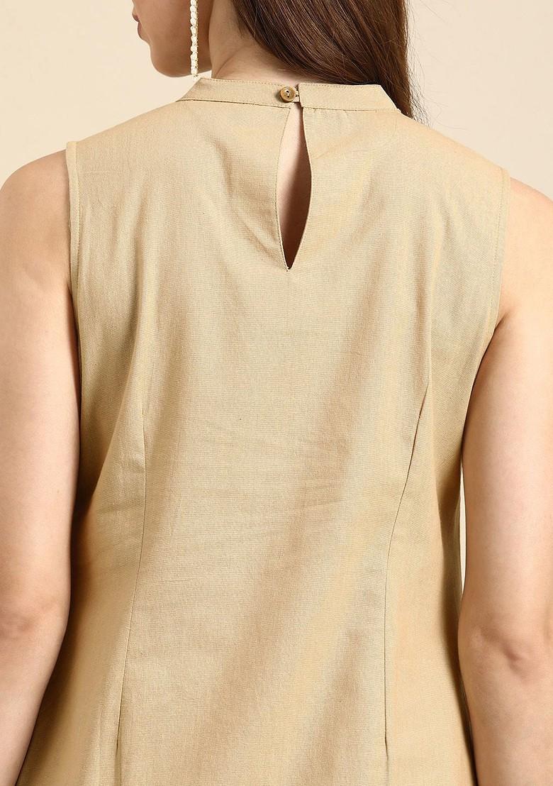 Beige Women Solid Round Neck Pure Cotton Kurta