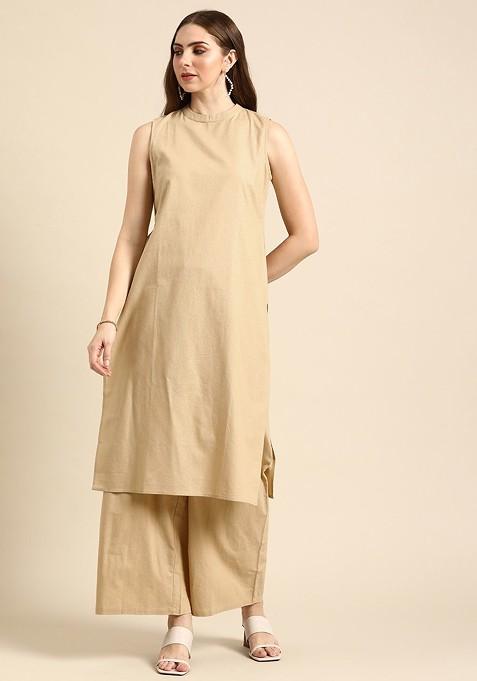 Beige Women Solid Round Neck Pure Cotton Kurta