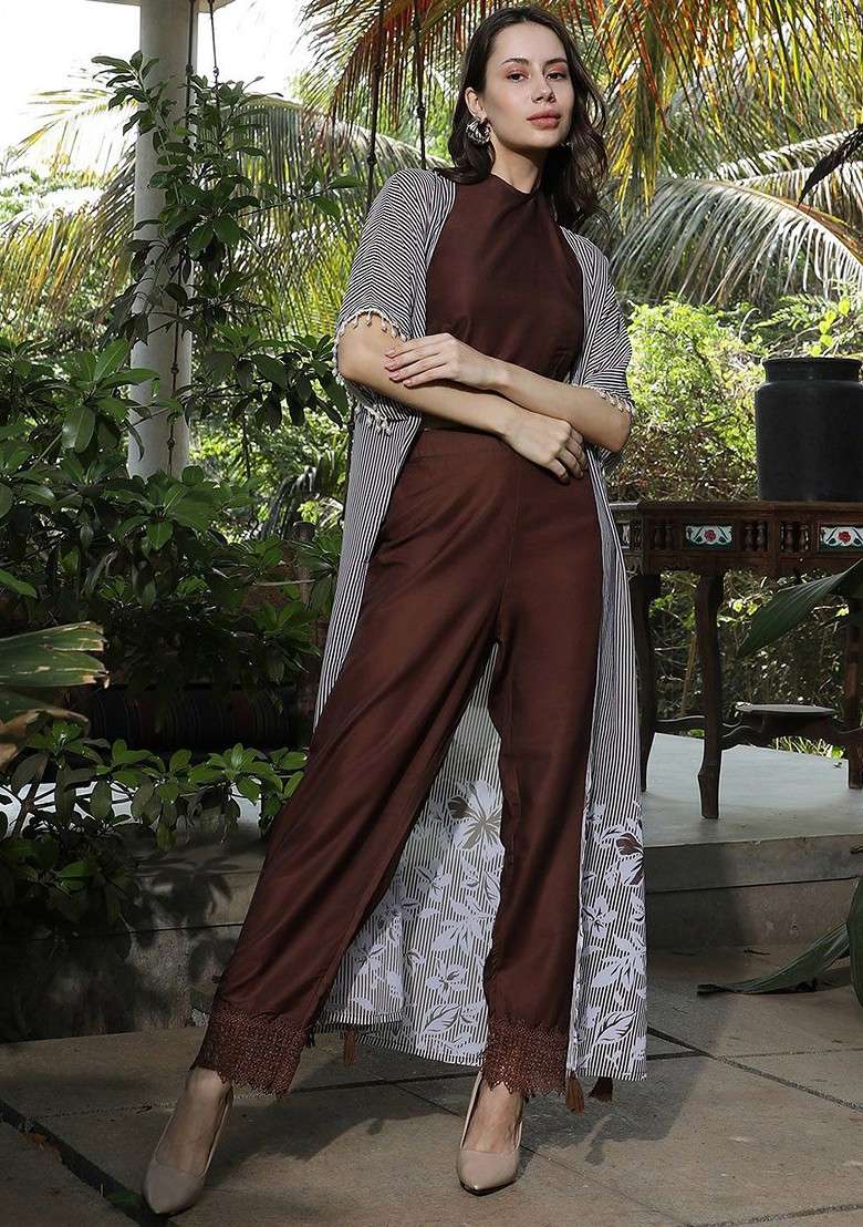 Brown Printed Round Neck Top And Trousers With Shrug Coords - Indya