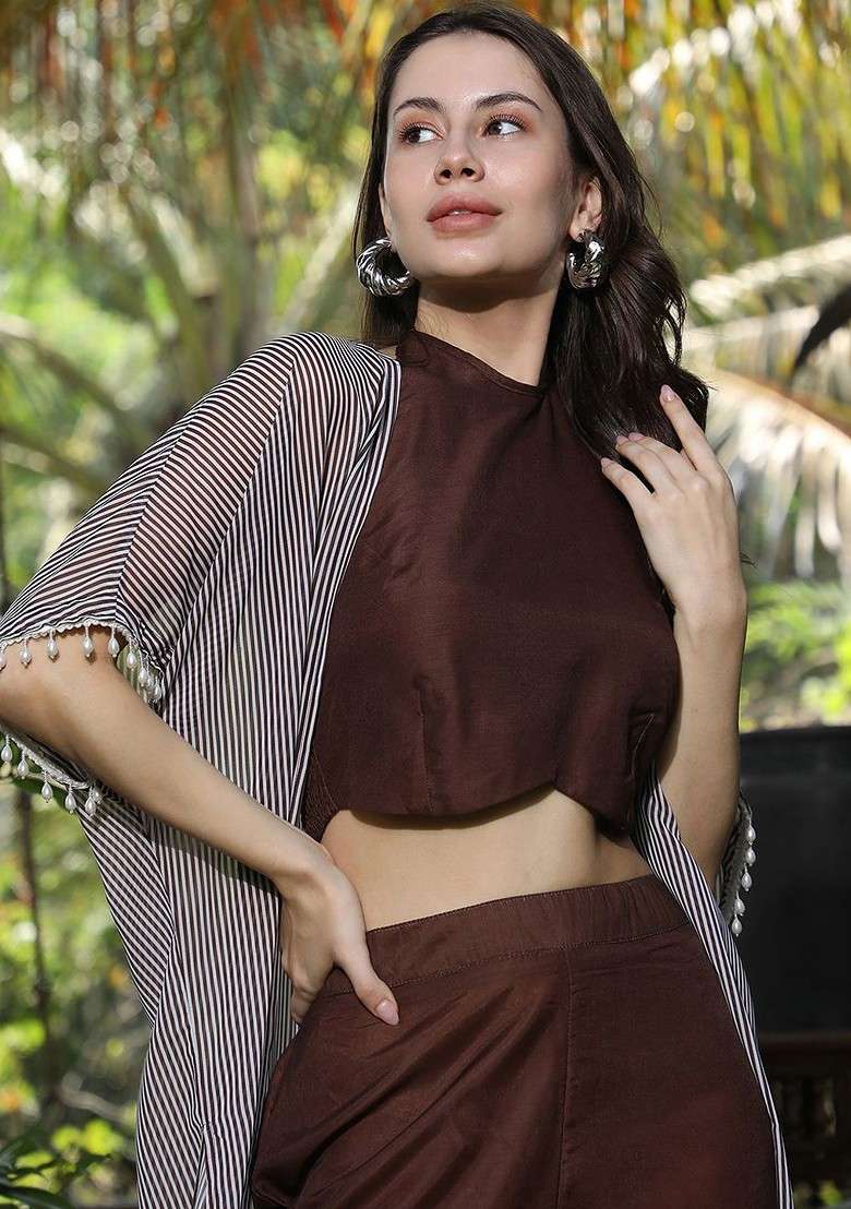 Brown Printed Round Neck Top And Trousers With Shrug Coords - Indya