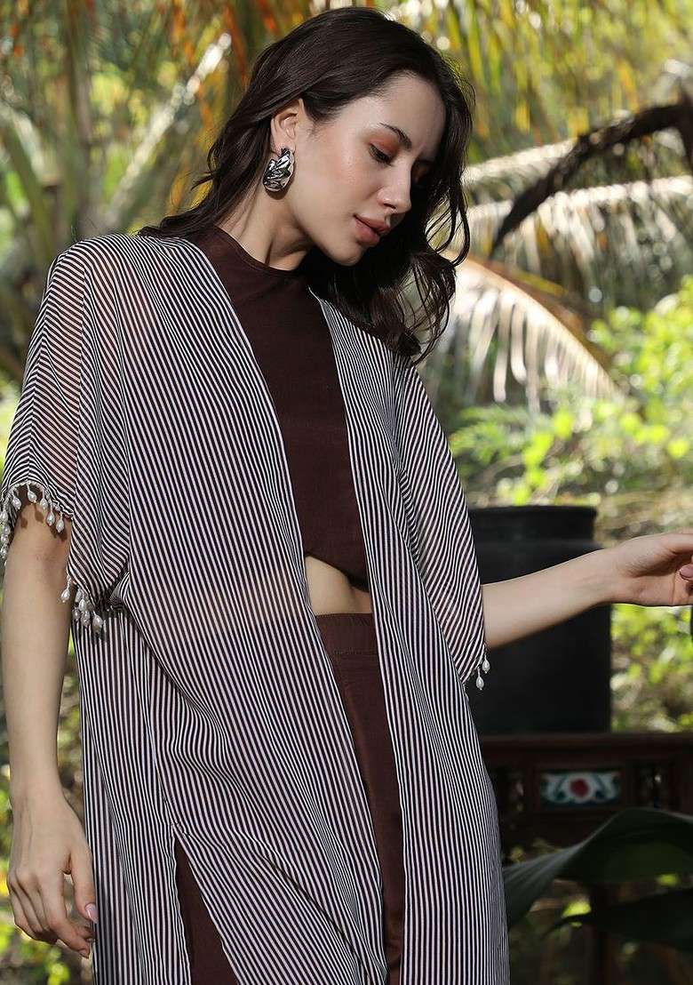 Brown Printed Round Neck Top And Trousers With Shrug Coords - Indya