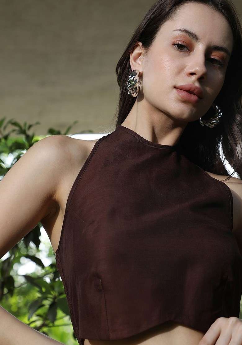 Brown Printed Round Neck Top And Trousers With Shrug Coords - Indya