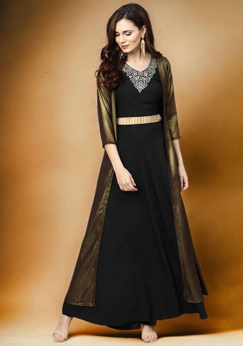 Black Printed Top And Skirt Coords With Shrug Ethnic Coords - Indya