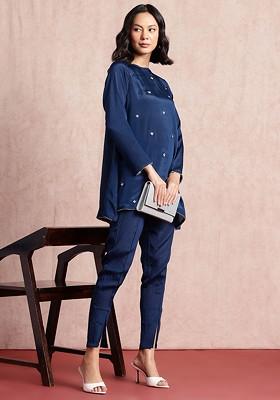 Navy Blue Printed Poly Blend Co Ord Set