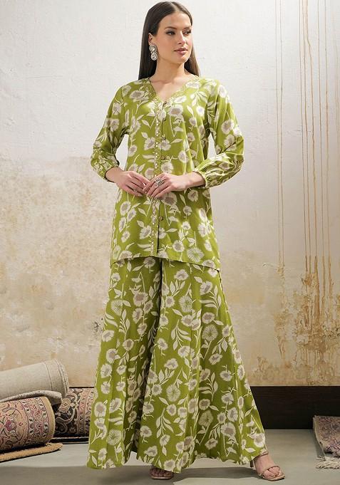Green Printed Poly Blend Co Ord Set