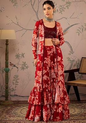 Maroon Printed Poly Blend Co Ord Set