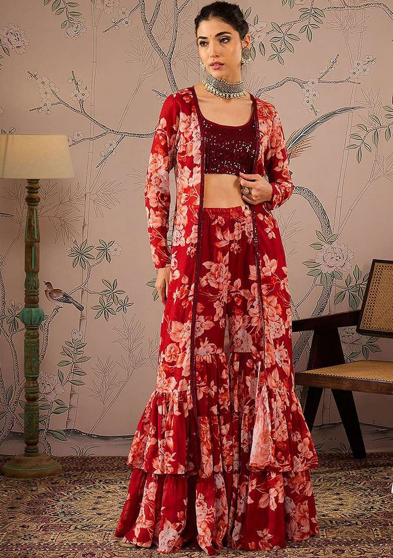 Maroon Printed Poly Blend Co Ord Set - Indya