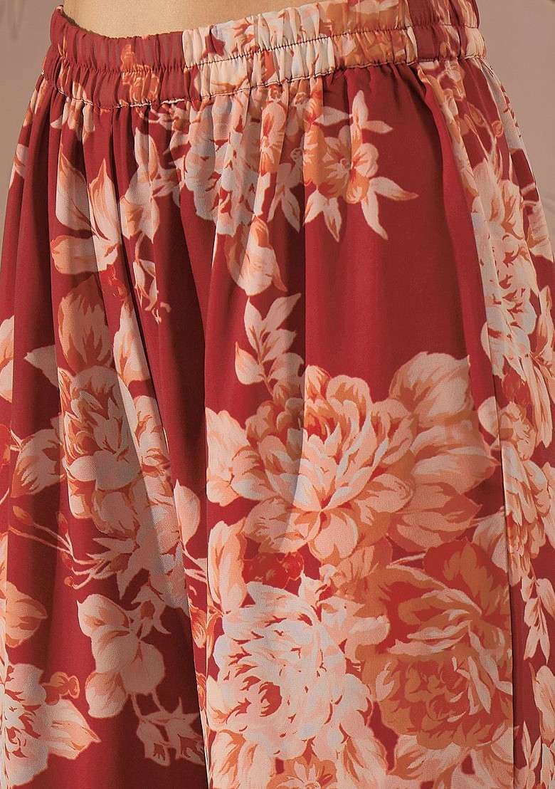 Maroon Printed Poly Blend Co Ord Set - Indya