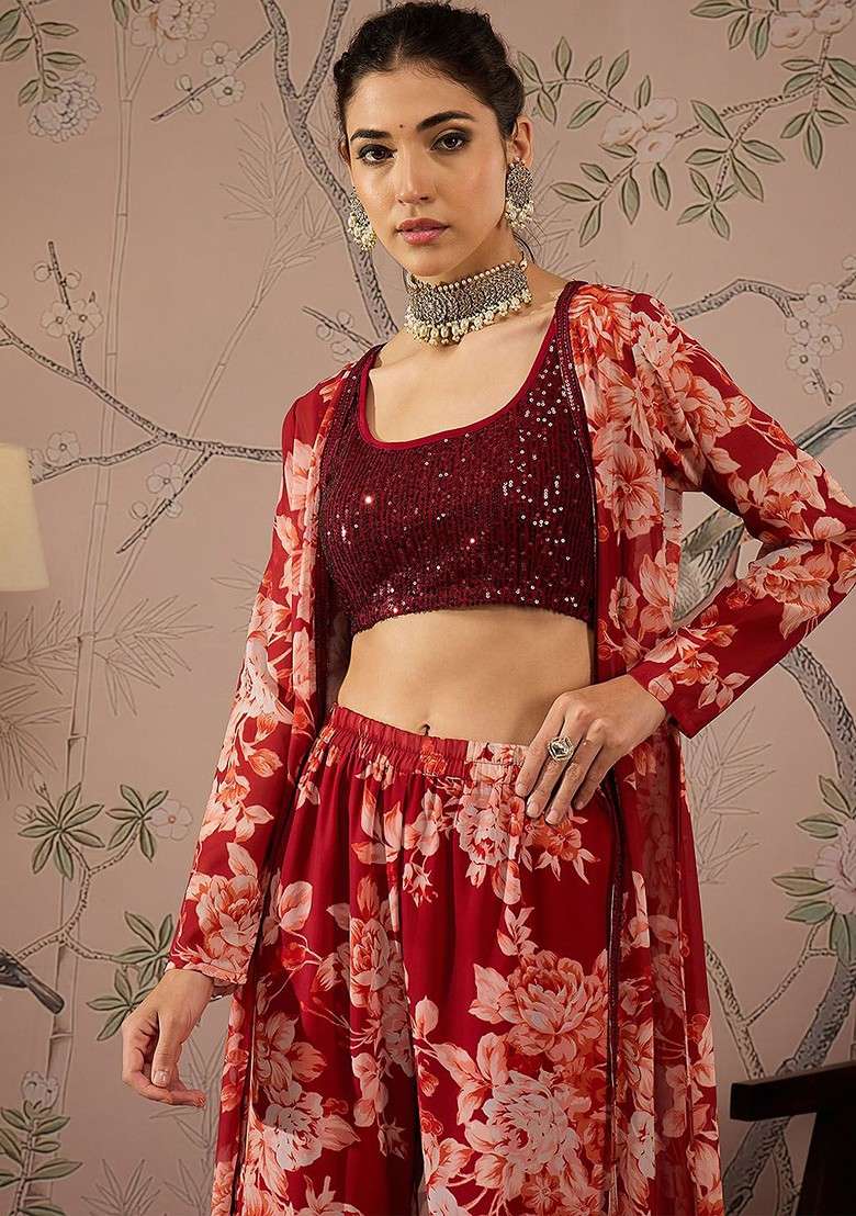 Maroon Printed Poly Blend Co Ord Set - Indya
