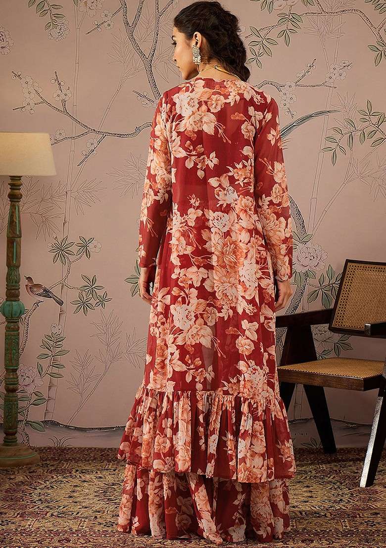 Maroon Printed Poly Blend Co Ord Set - Indya
