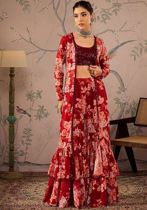Maroon Printed Poly Blend Co Ord Set