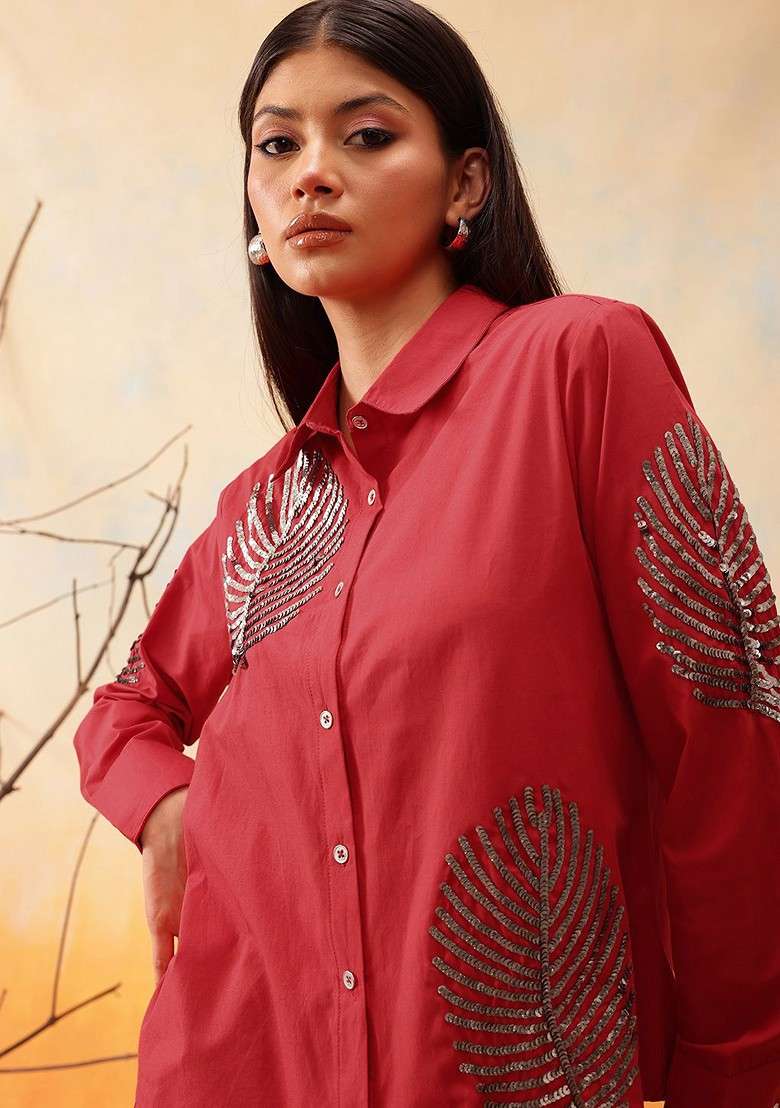 Red Printed Cotton Co Ord Set - Indya
