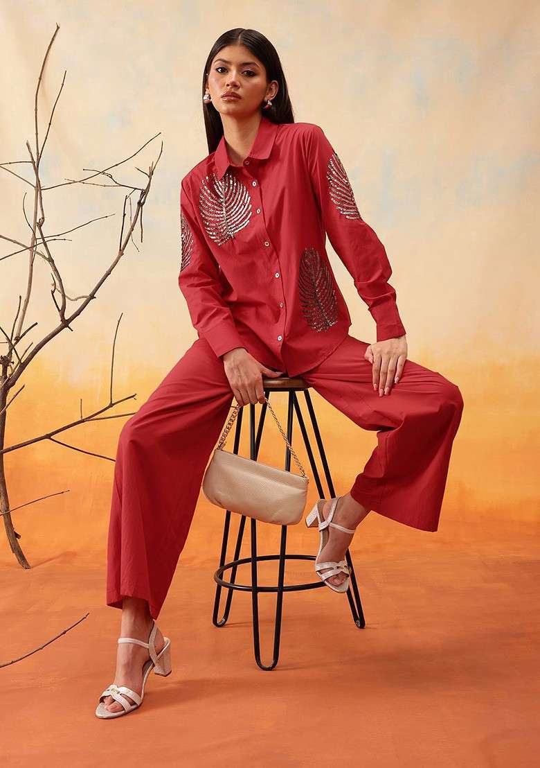 Red Printed Cotton Co Ord Set - Indya