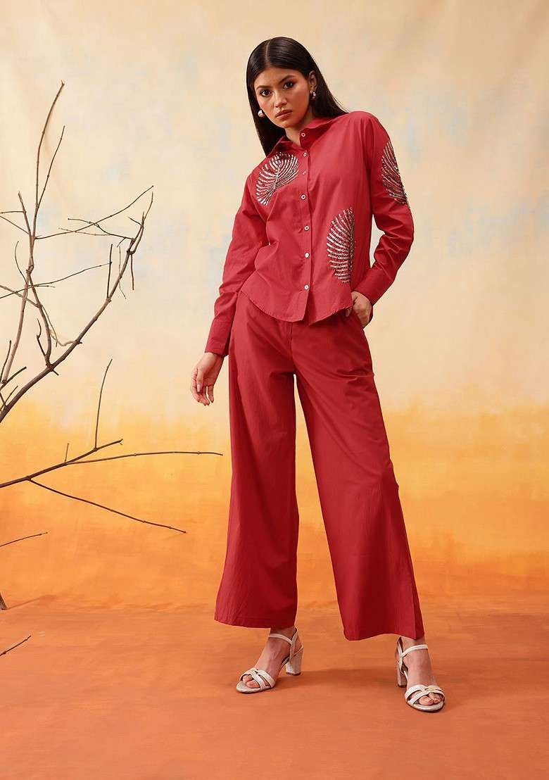 Red Printed Cotton Co Ord Set - Indya