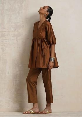 Brown Printed Poly Blend Co Ord Set