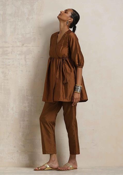 Brown Printed Poly Blend Co Ord Set