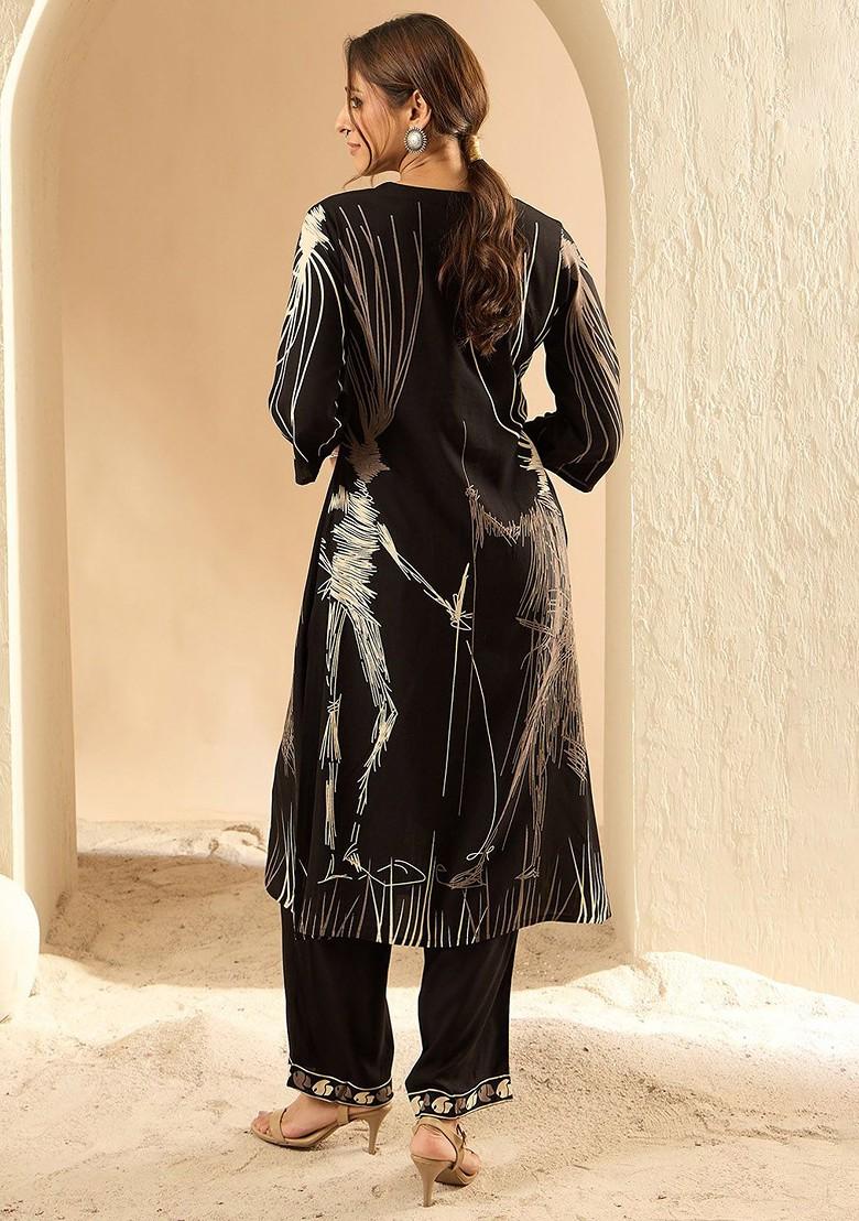 Black Printed Poly Blend Co Ord Set - Indya