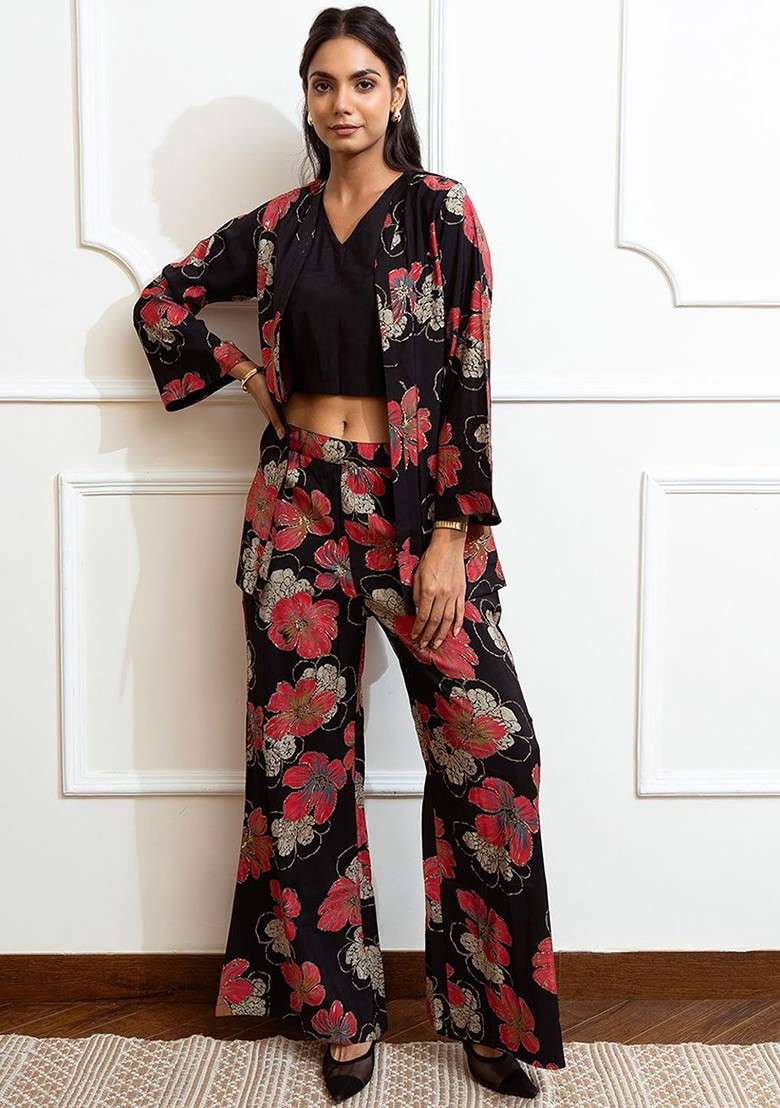 Black Printed Poly Blend Co Ord Set - Indya