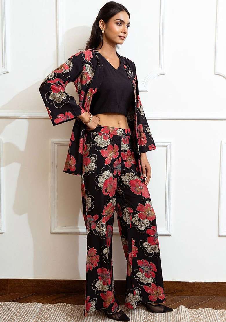 Black Printed Poly Blend Co Ord Set - Indya