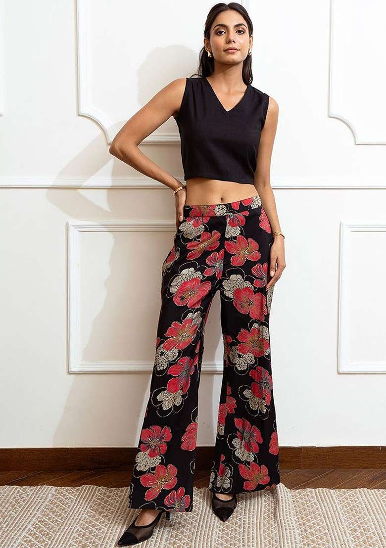 Black Printed Poly Blend Co Ord Set - Indya