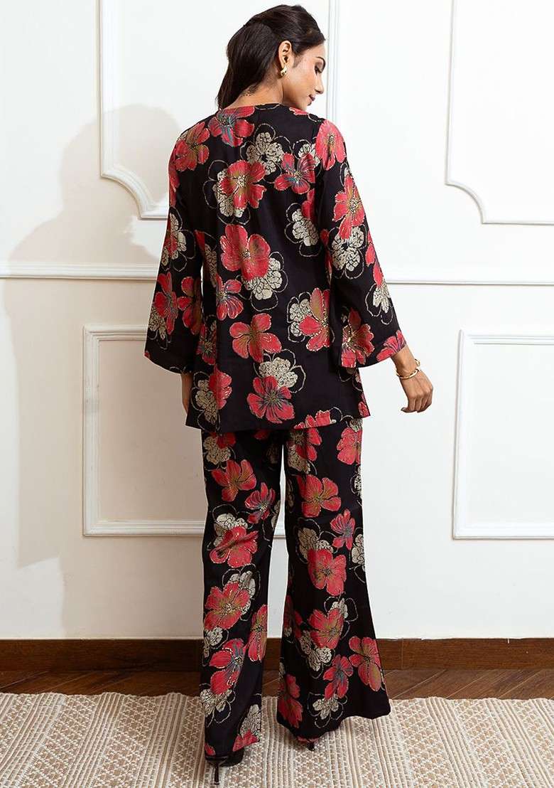 Black Printed Poly Blend Co Ord Set - Indya