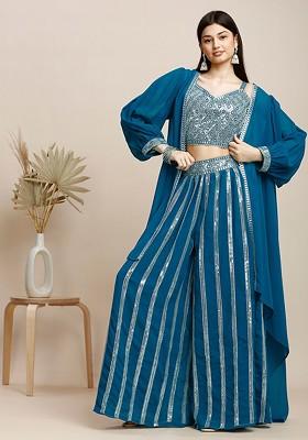 Teal Blue Printed Poly Blend Co Ord Set