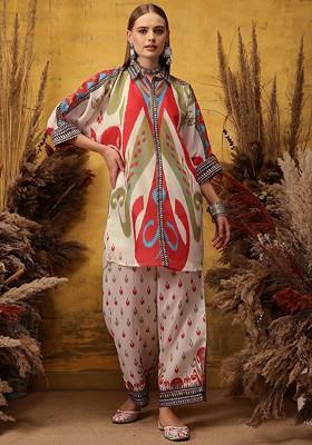 Cream Printed Poly Blend Co Ord Set