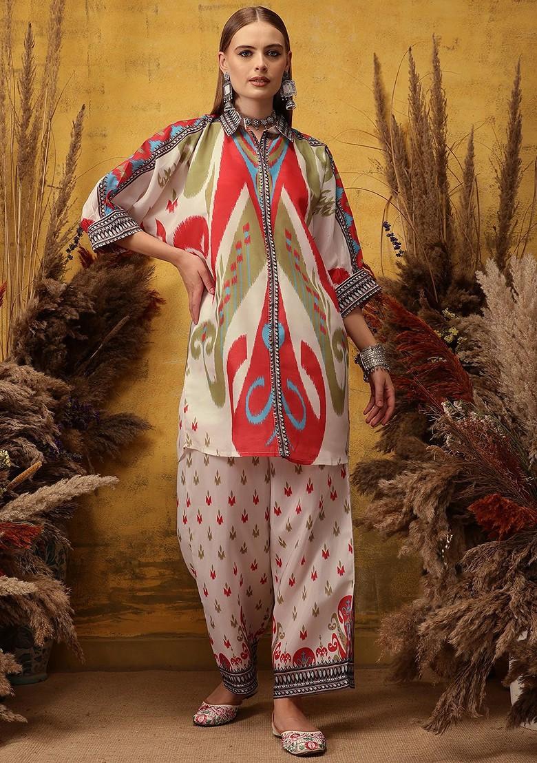 Cream Printed Poly Blend Co Ord Set - Indya