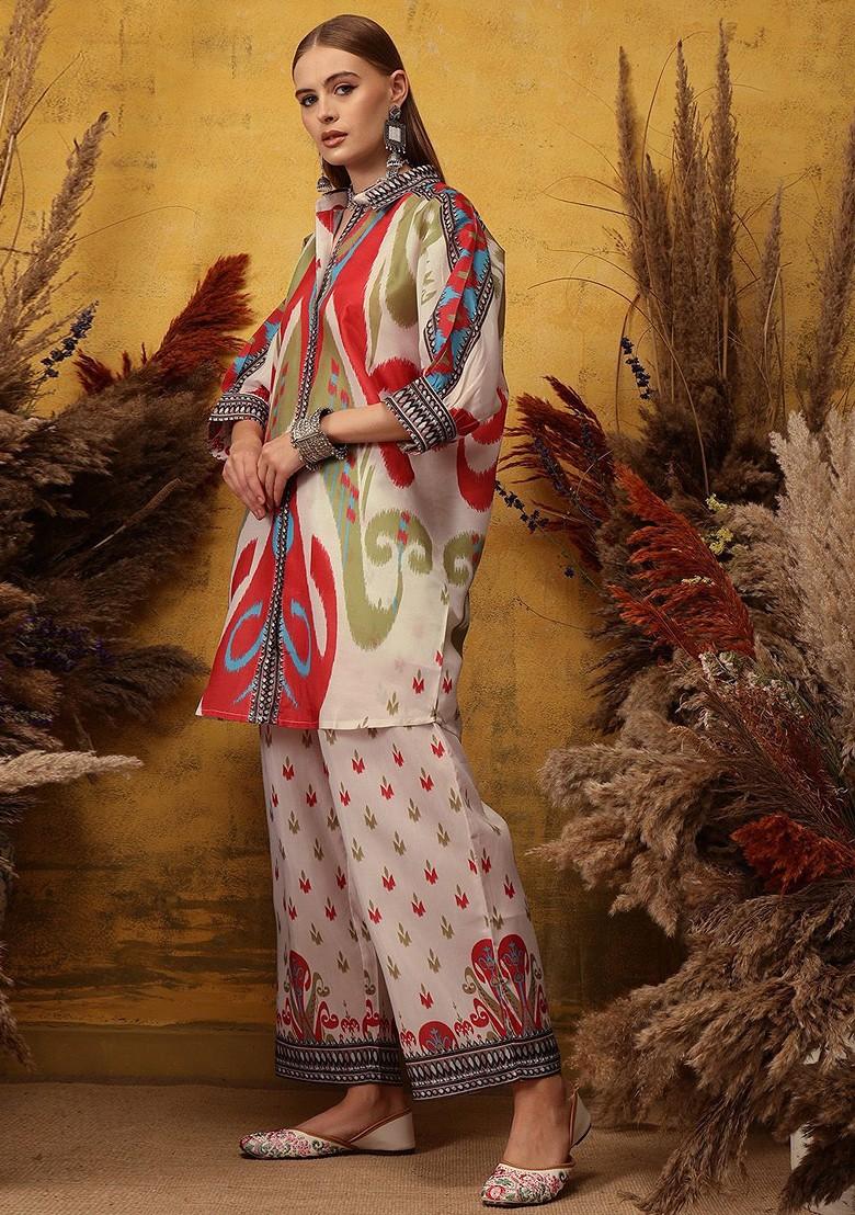 Cream Printed Poly Blend Co Ord Set - Indya