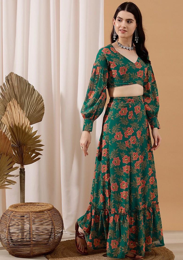 Green Printed Poly Blend Co Ord Set - Indya