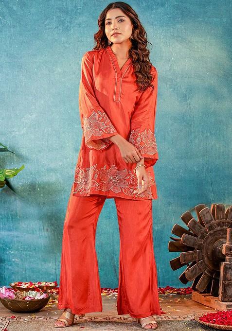 Rust Printed Poly Blend Co Ord Set