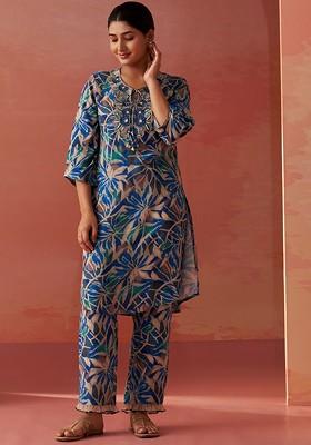 Blue Printed Poly Blend Co Ord Set