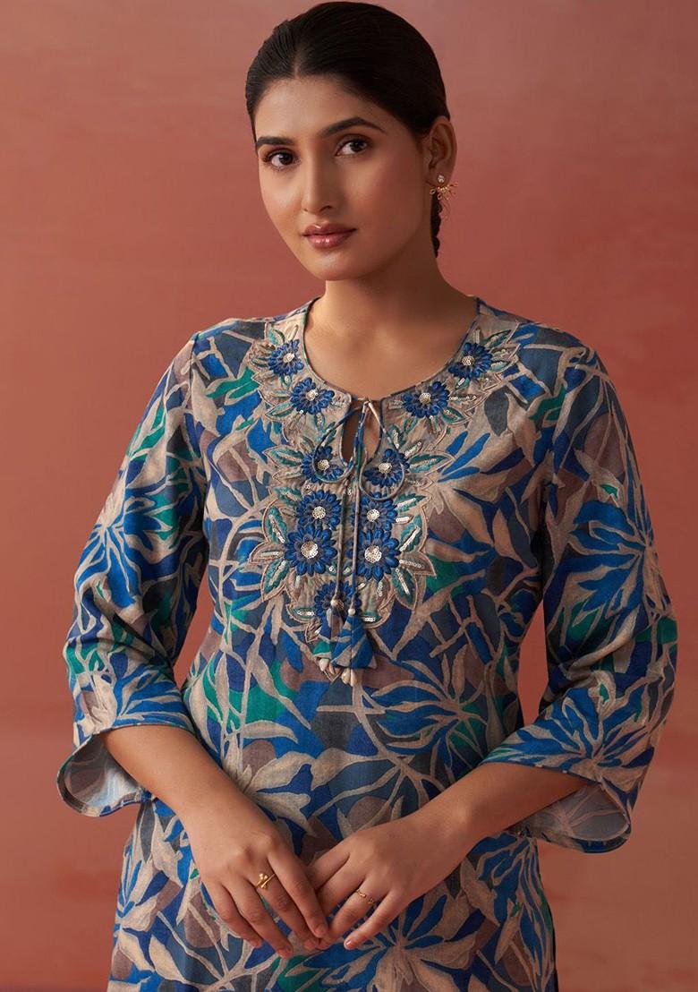 Blue Printed Poly Blend Co Ord Set - Indya