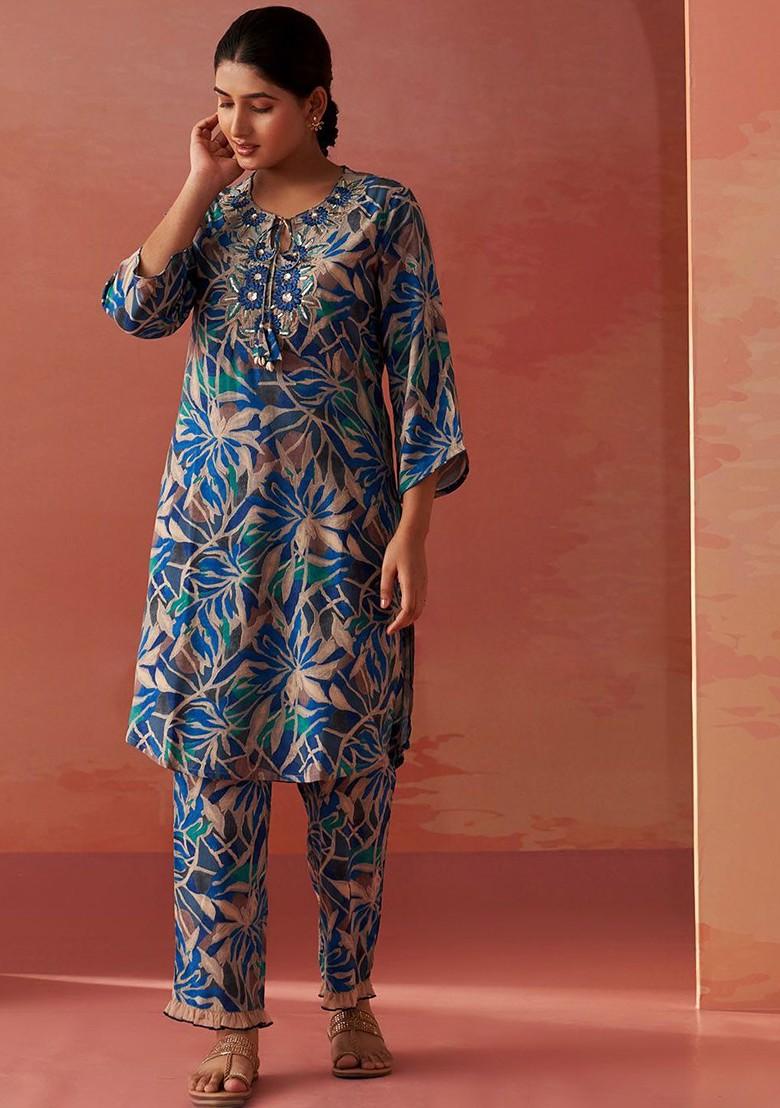 Blue Printed Poly Blend Co Ord Set - Indya