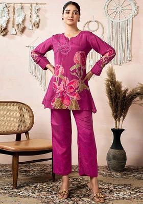 Purple Printed Poly Blend Co Ord Set