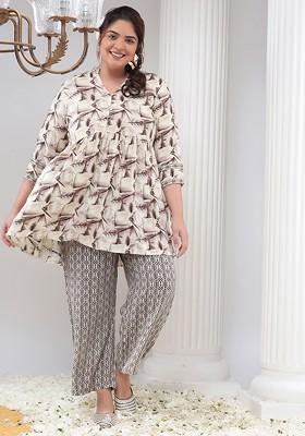 Off White Printed Poly Blend Co Ord Set