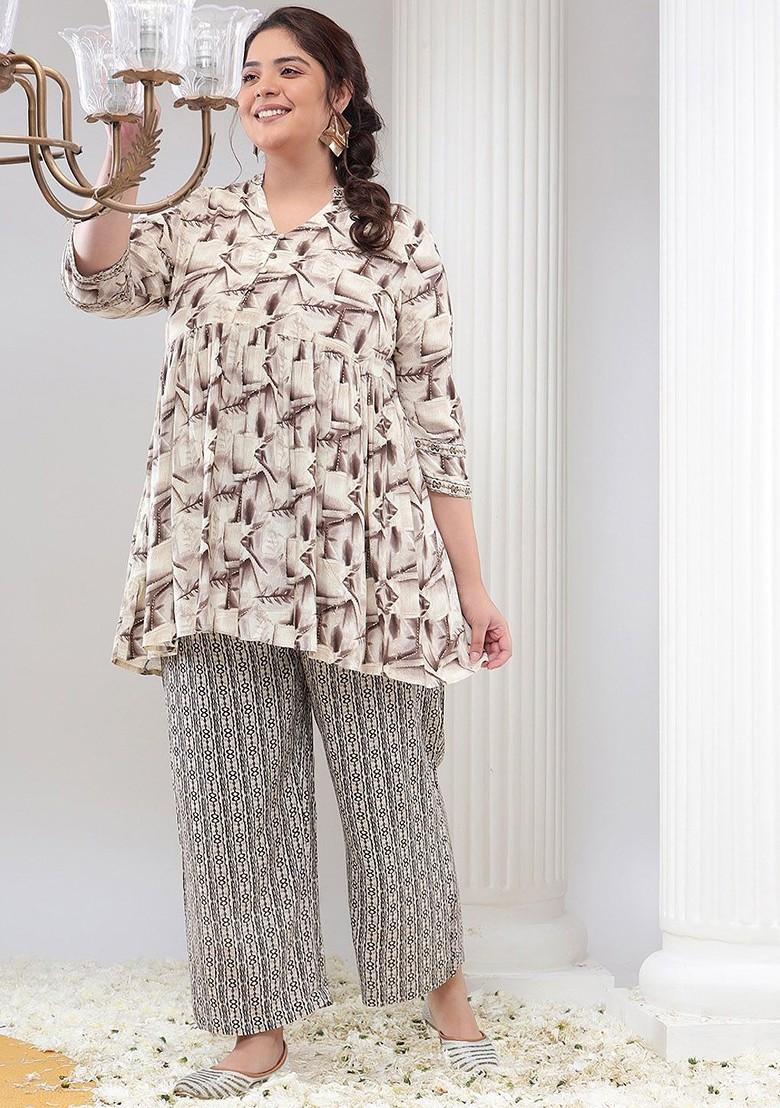 Off White Printed Poly Blend Co Ord Set - Indya