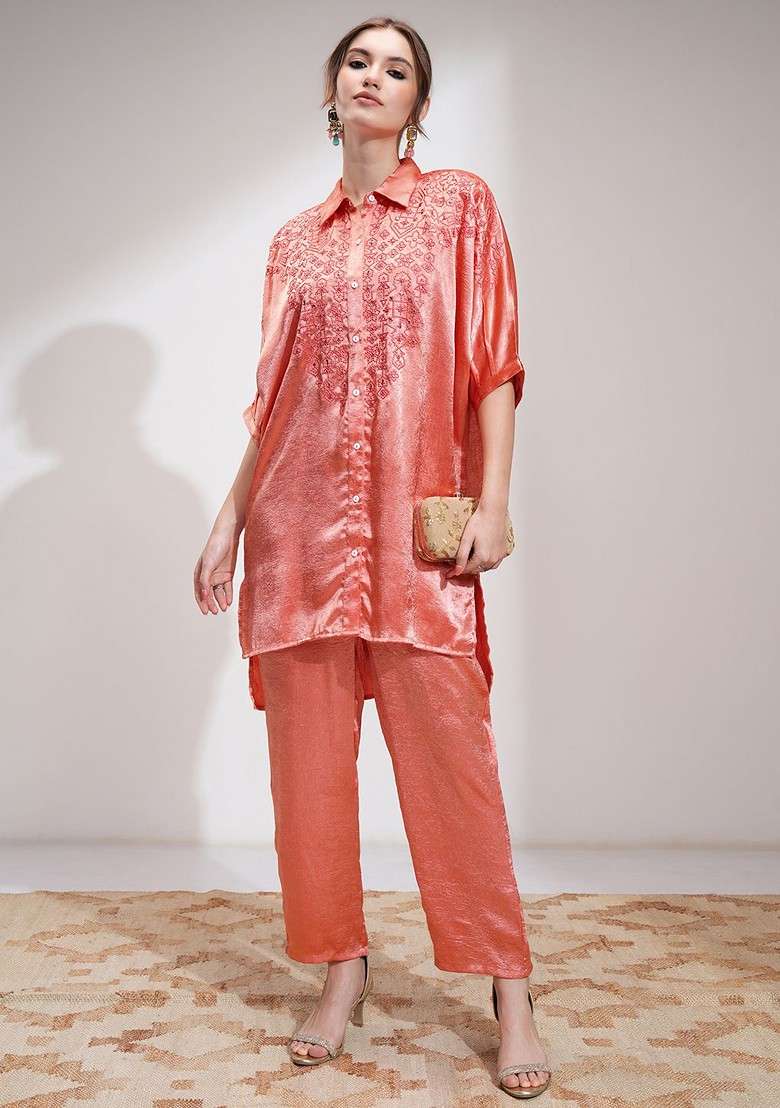 Coral Printed Poly Blend Co Ord Set - Indya