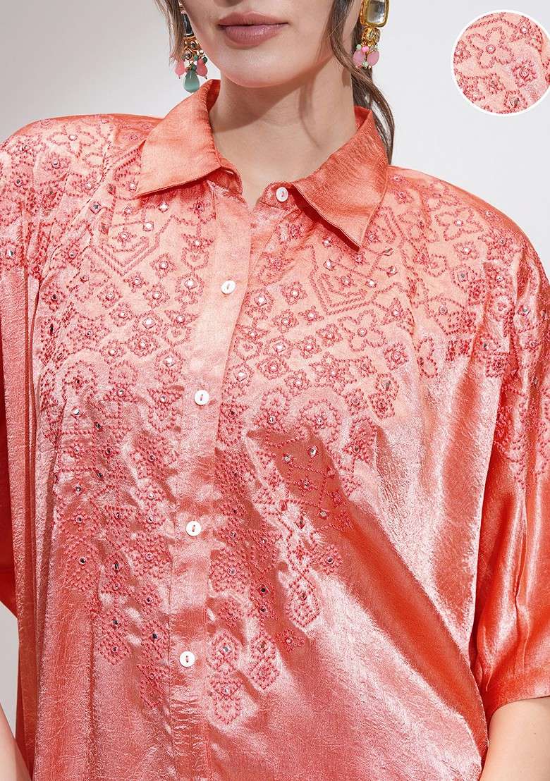 Coral Printed Poly Blend Co Ord Set - Indya