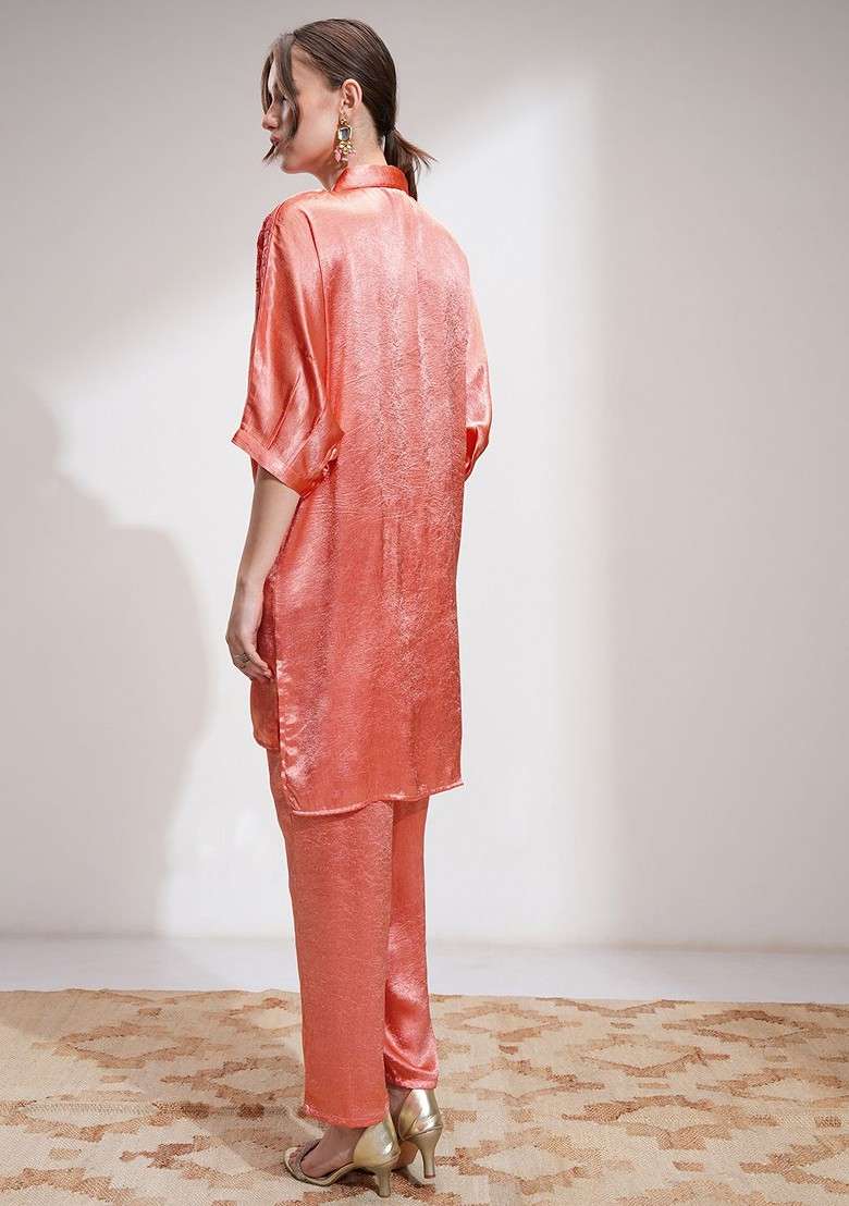 Coral Printed Poly Blend Co Ord Set - Indya