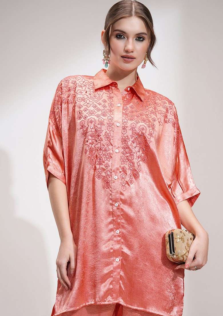 Coral Printed Poly Blend Co Ord Set - Indya
