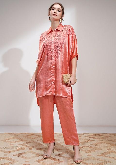 Coral Printed Poly Blend Co Ord Set